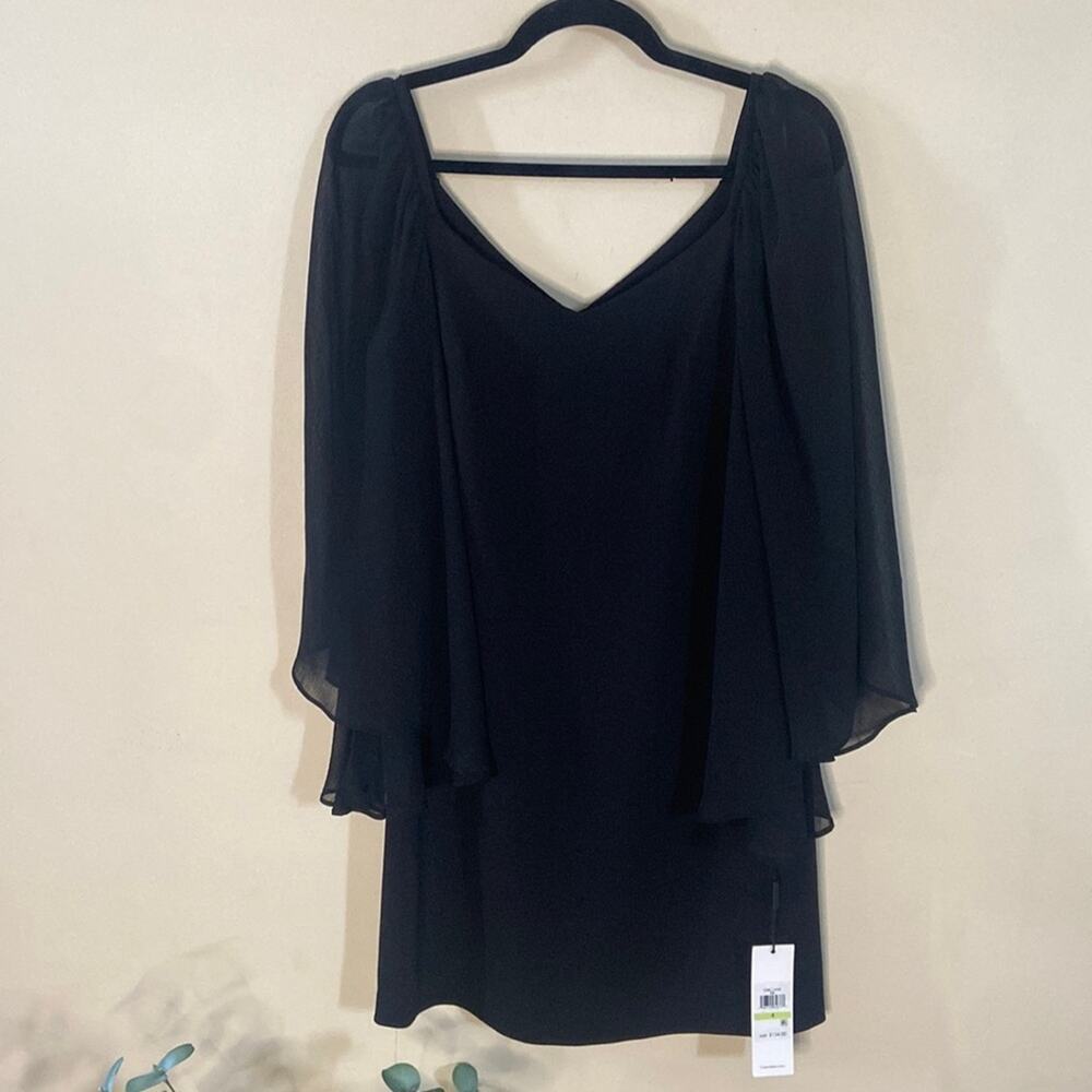 Calvin Klein Black Mini Dress Size 4 Sheer Bell Sleeve V Neck New Cocktail